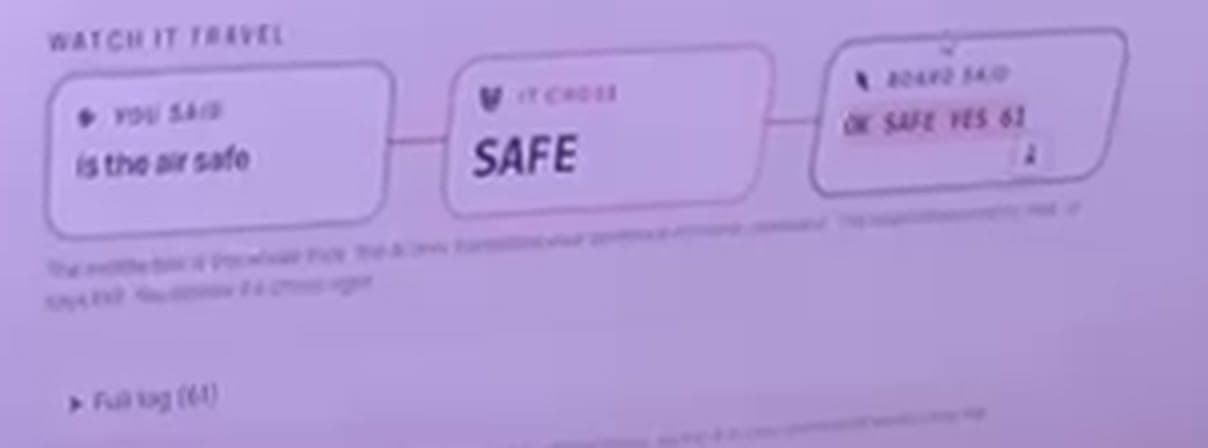 The Loop A console's transcript row on the day: YOU SAID 'is the air safe', IT CHOSE 'SAFE', BOARD SAID 'OK SAFE YES'