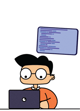 Illustrated student writing code on a laptop