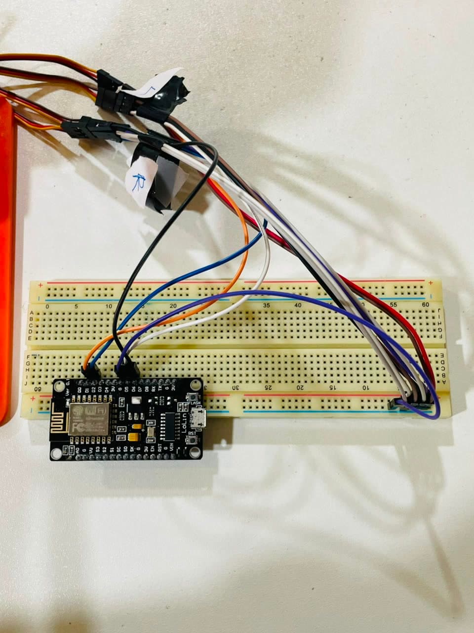 A NodeMCU ESP8266 board wired up on a breadboard during the workshop